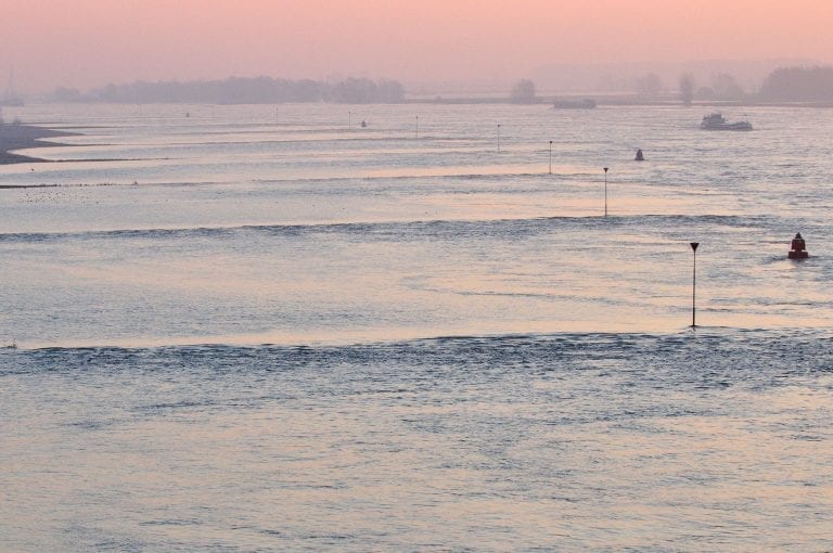 Lowered groynes in the Waal at Beneden-Leeuwen at high water