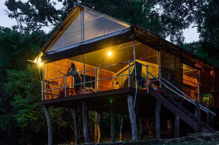 A tourist looking out from his luxurious tent