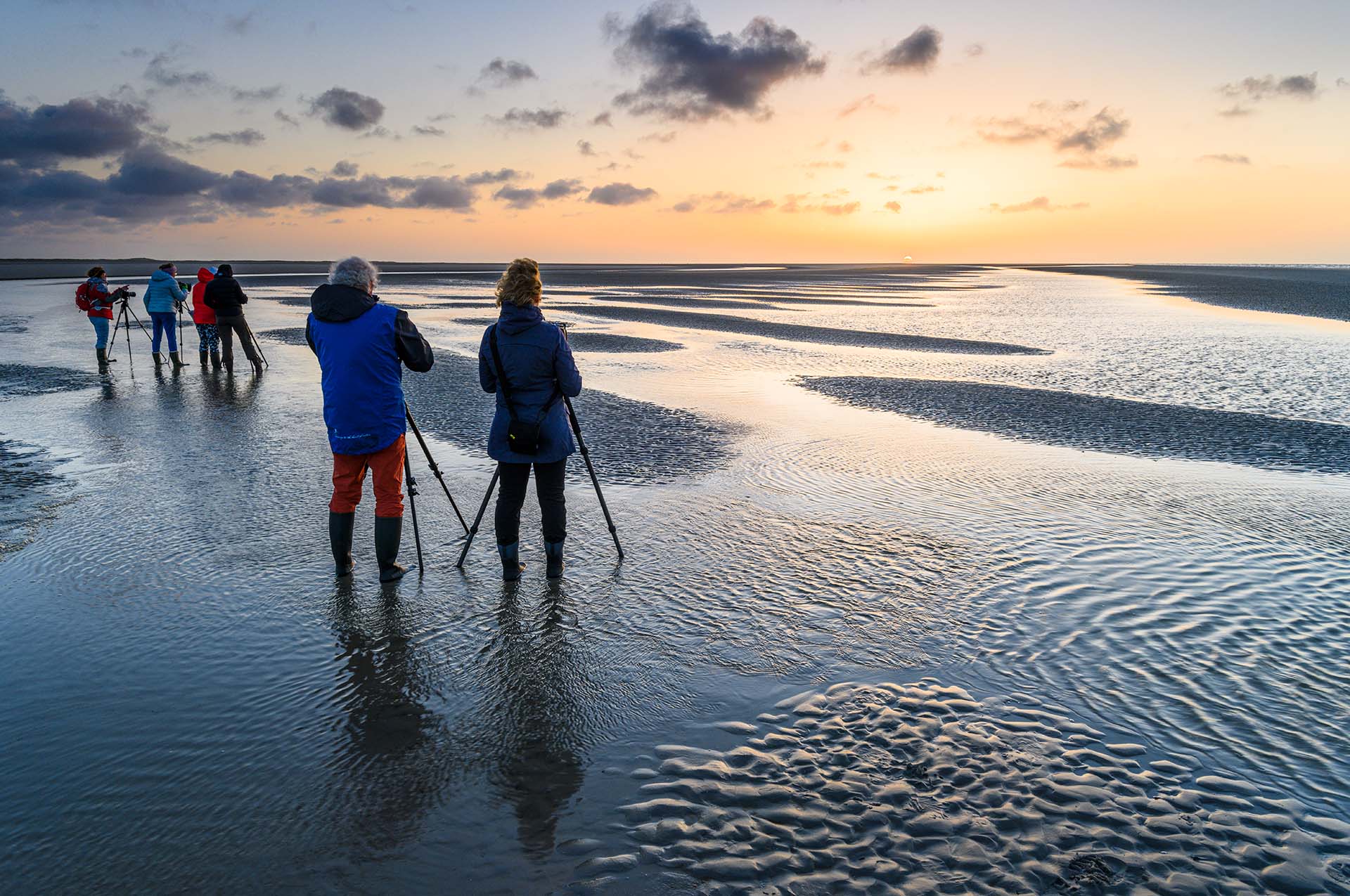 Workshop participants at sunset on the beach of Ameland.