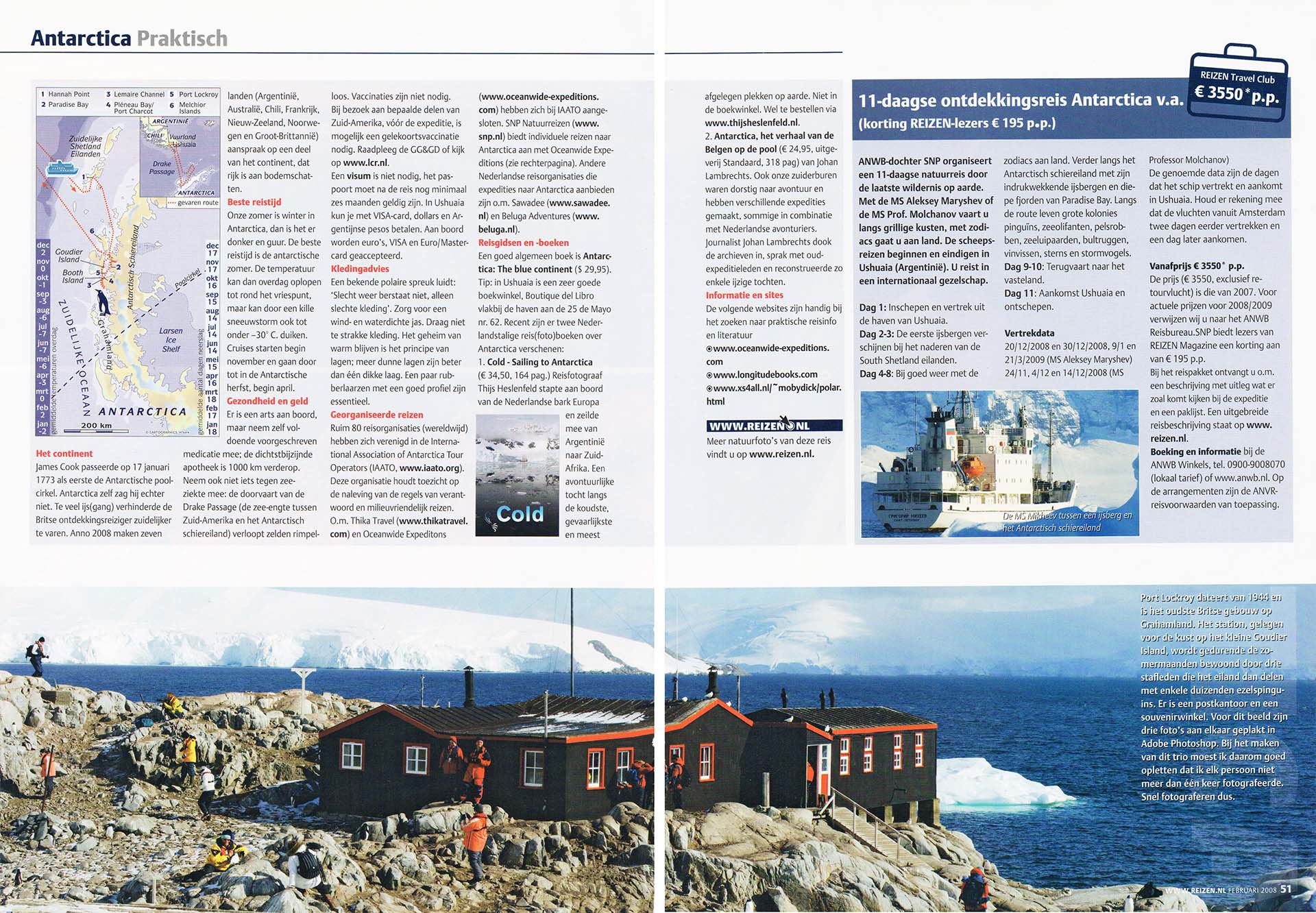Een pagina uit een publicatie over een lezeresreis. Met informatie en foto's van Port Lockroy en schip tussen ijsschotsen.