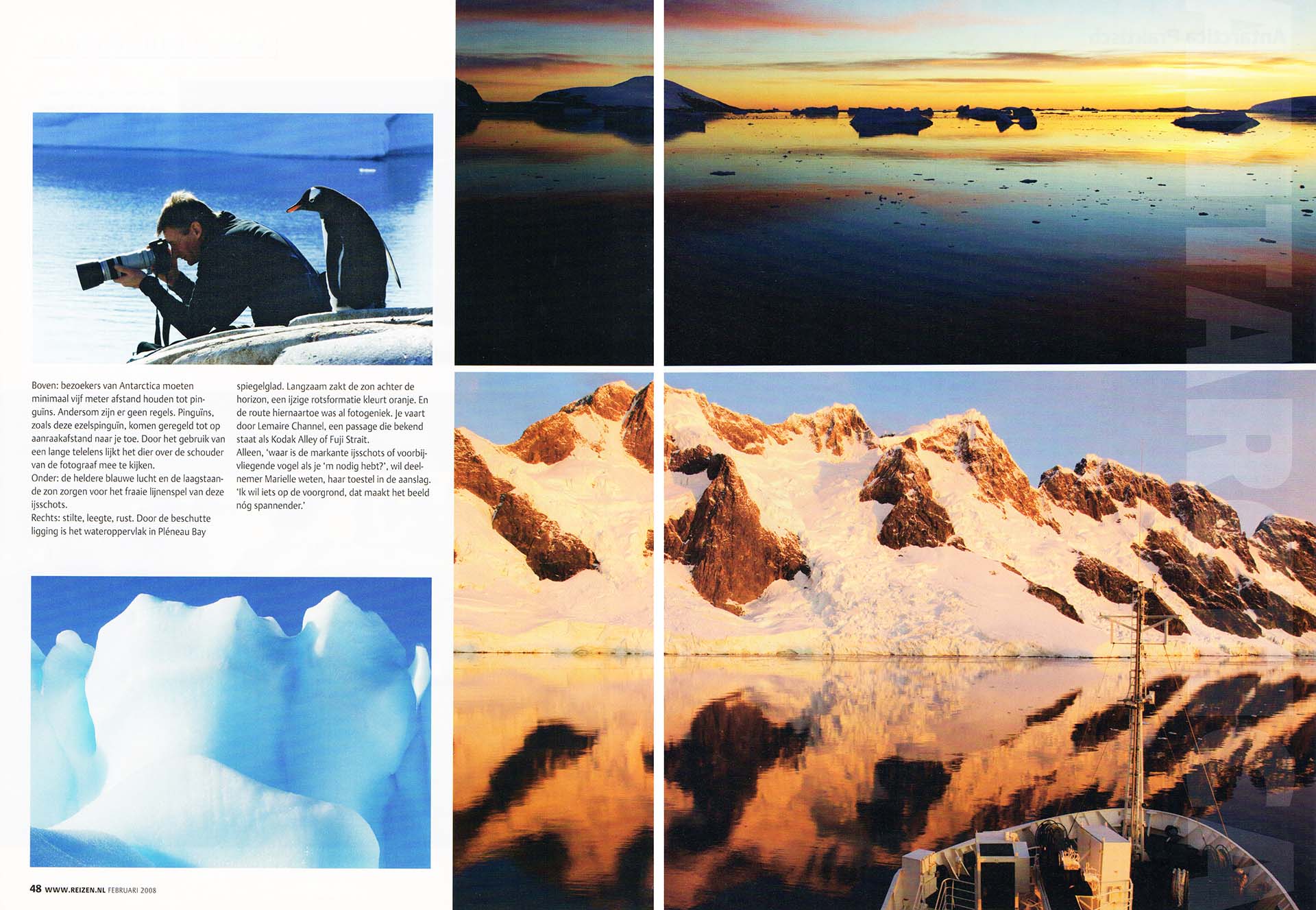 Een pagina uit een publicatie over een lezeresreis. Met foto's van een fotograaf met ezelspinguïn, ijsschots en Pleneau Bay.
