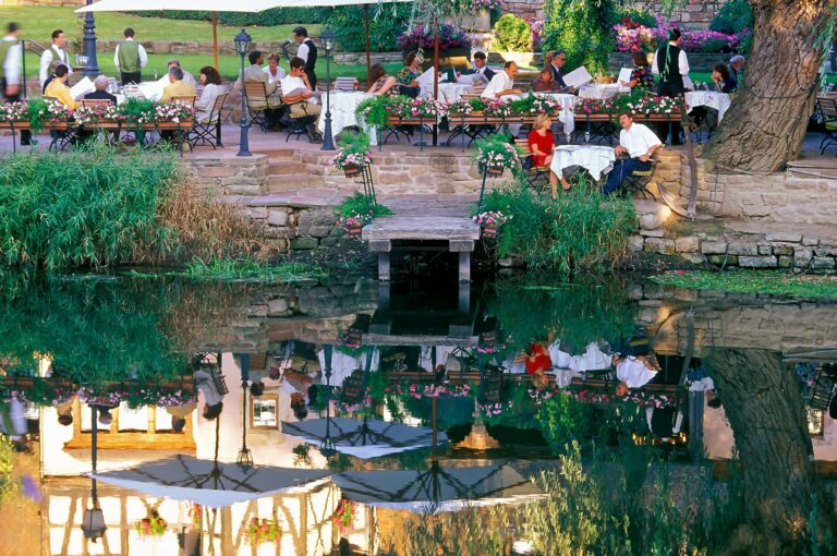 Terrace of restaurant on waters edge.