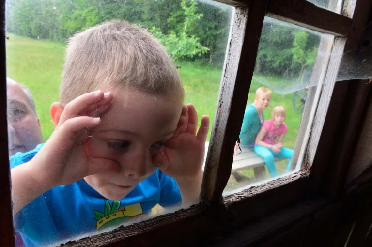 Boy looking through window