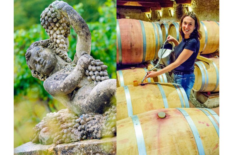 A young woman in a wine cellar and a statue concerning grapes.