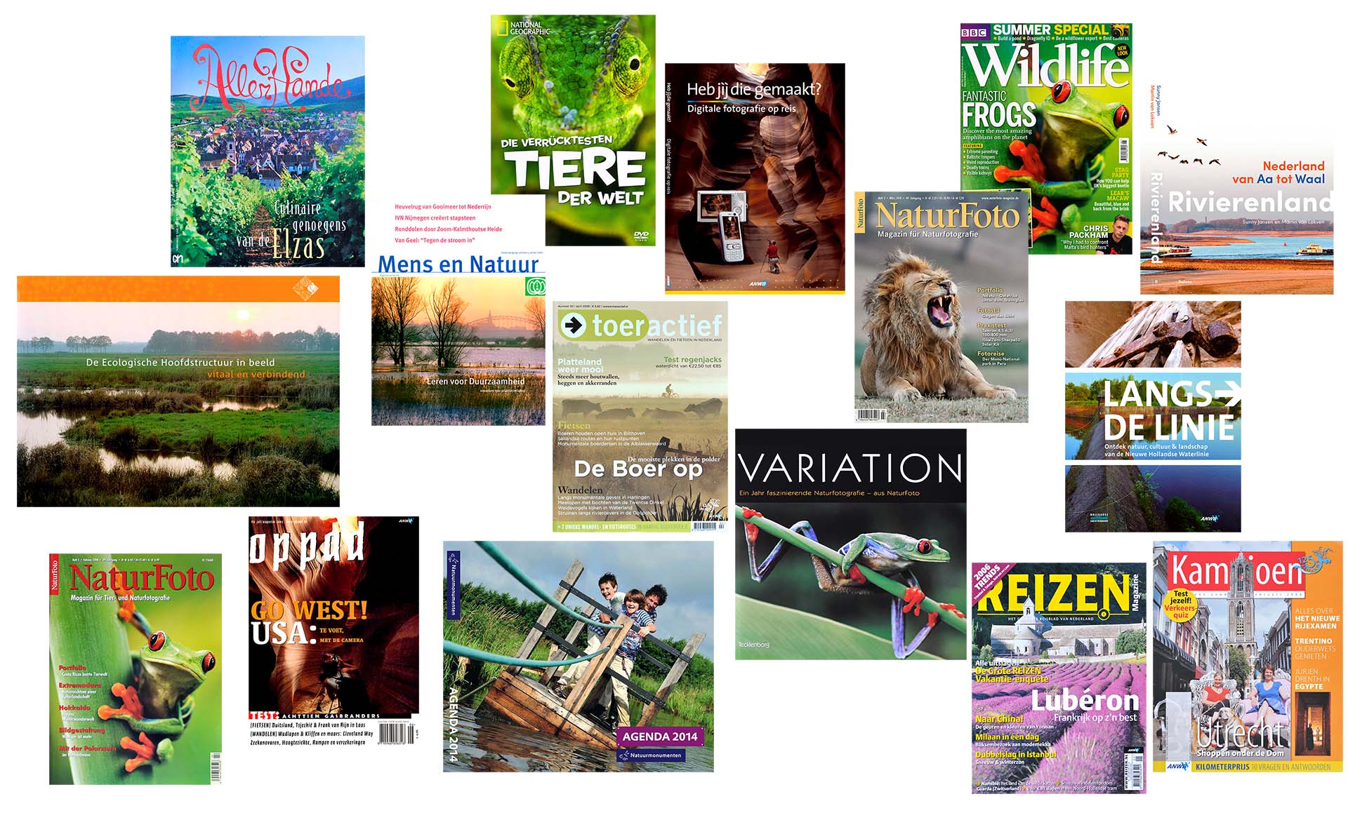 Covers van tijdschriften, boeken, rapport en agenda.