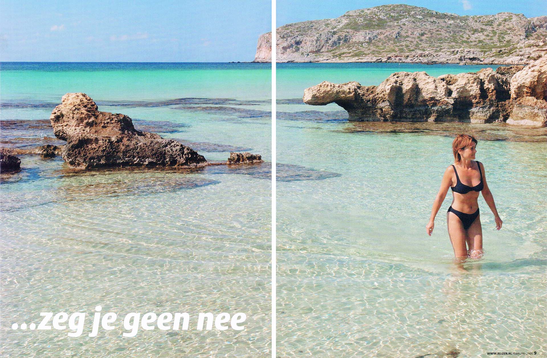 Een vrouw loopt uit het smaragdgroene water bij het strand van Falassarna.