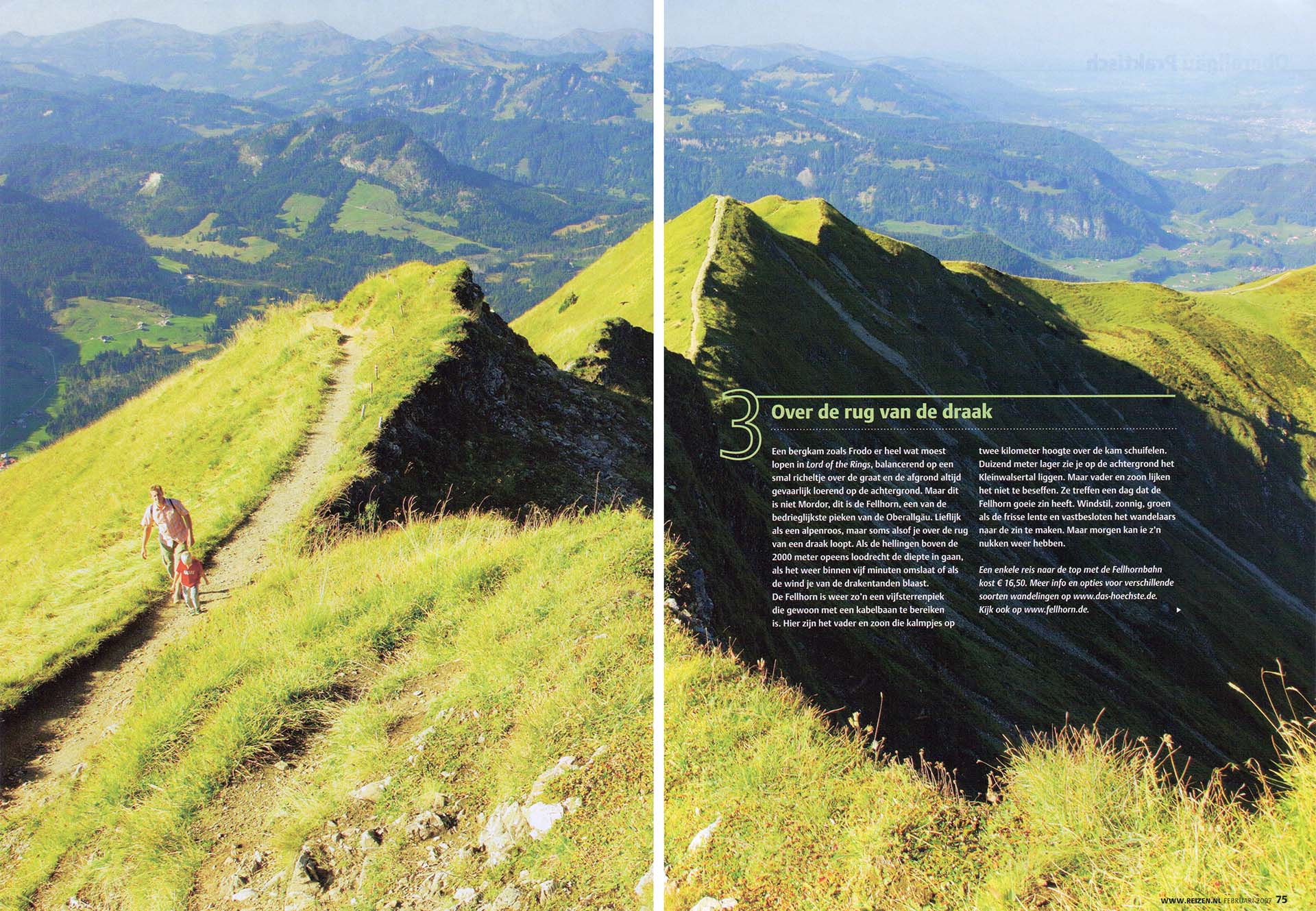 Foto van de Fellhorn, met vader en zoon wandelend over de rug van de draak.