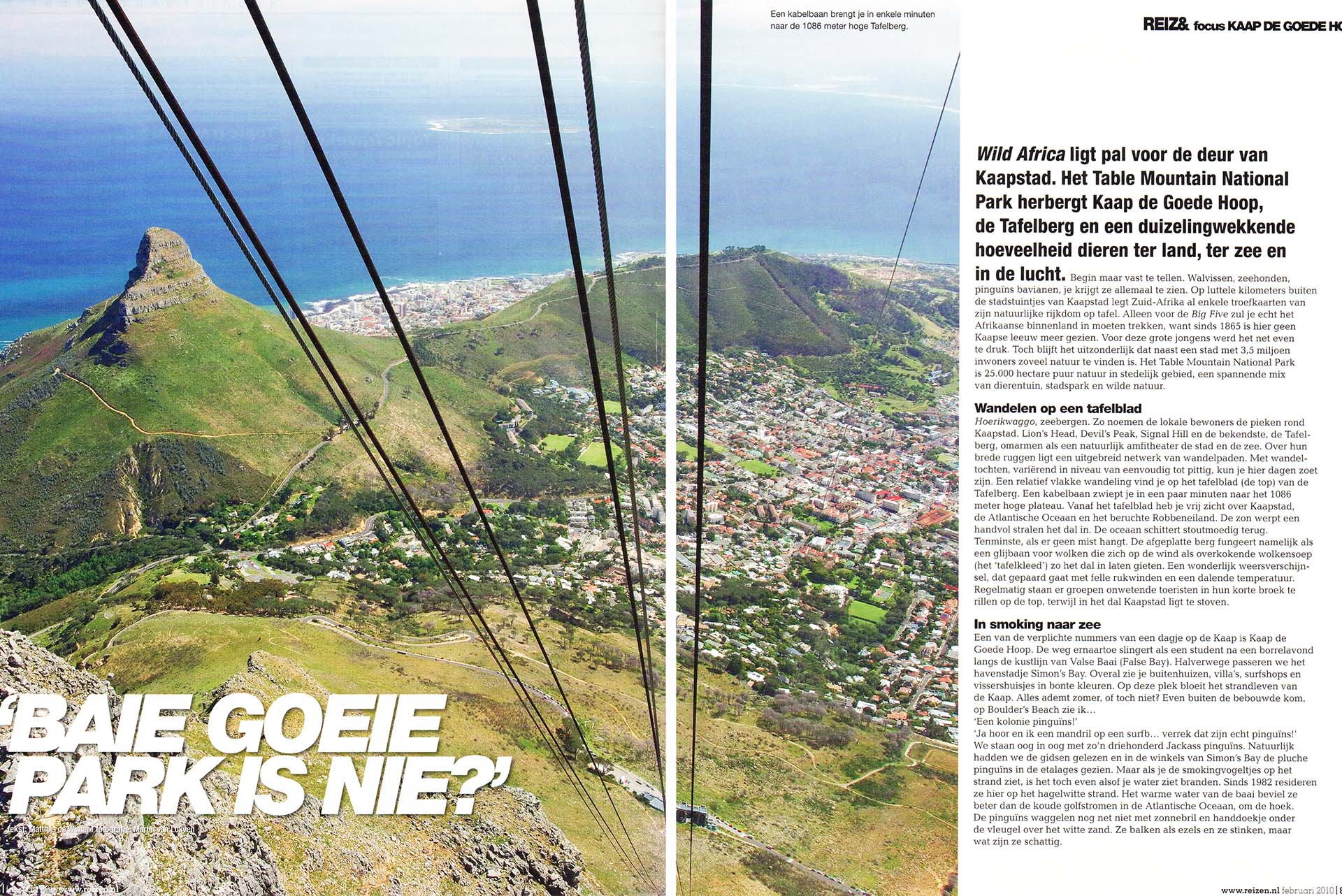 Kaapstad gezien vanaf de Tafelberg, met de kabels van de kabelbaan.