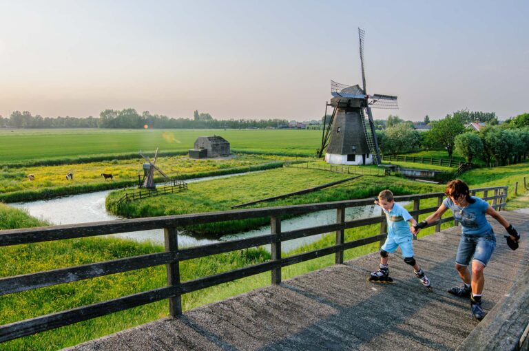 Skaters and the background a bunker and wind mill.