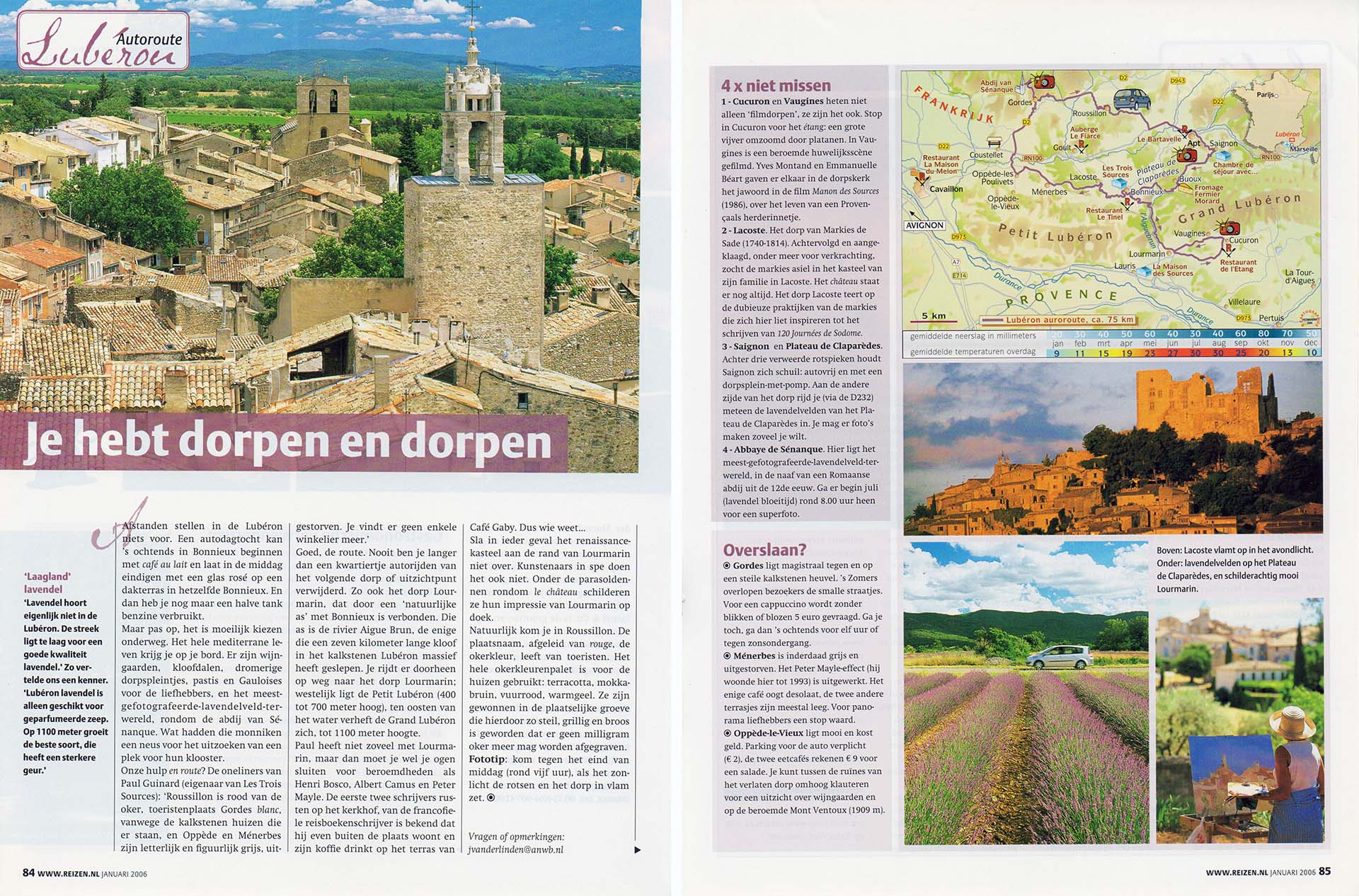 Twee pagina's uit publicatie Lubéron in ANWB Reizen magazine.