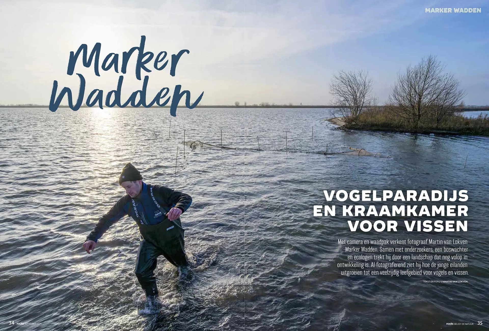 Publicatie Marker Wadden, vogelparadijs en kraamkamer voor vis, in Roots magazine, tekst en fotografie Martin van Lokven.