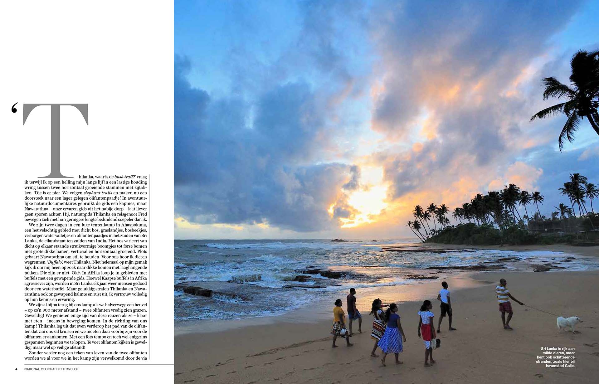 Twee pagina's uit artikel Wild Sri Lanka door Martin van Lokven in National Geographic artikel.