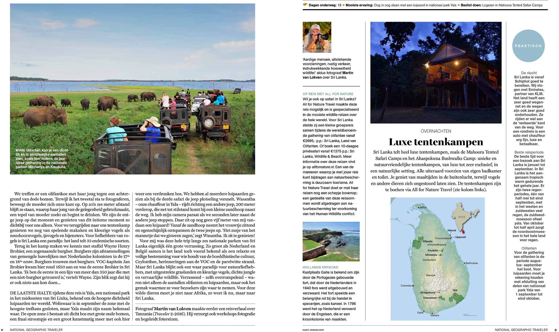 Twee pagina's uit artikel Wild Sri Lanka door Martin van Lokven in National Geographic artikel.