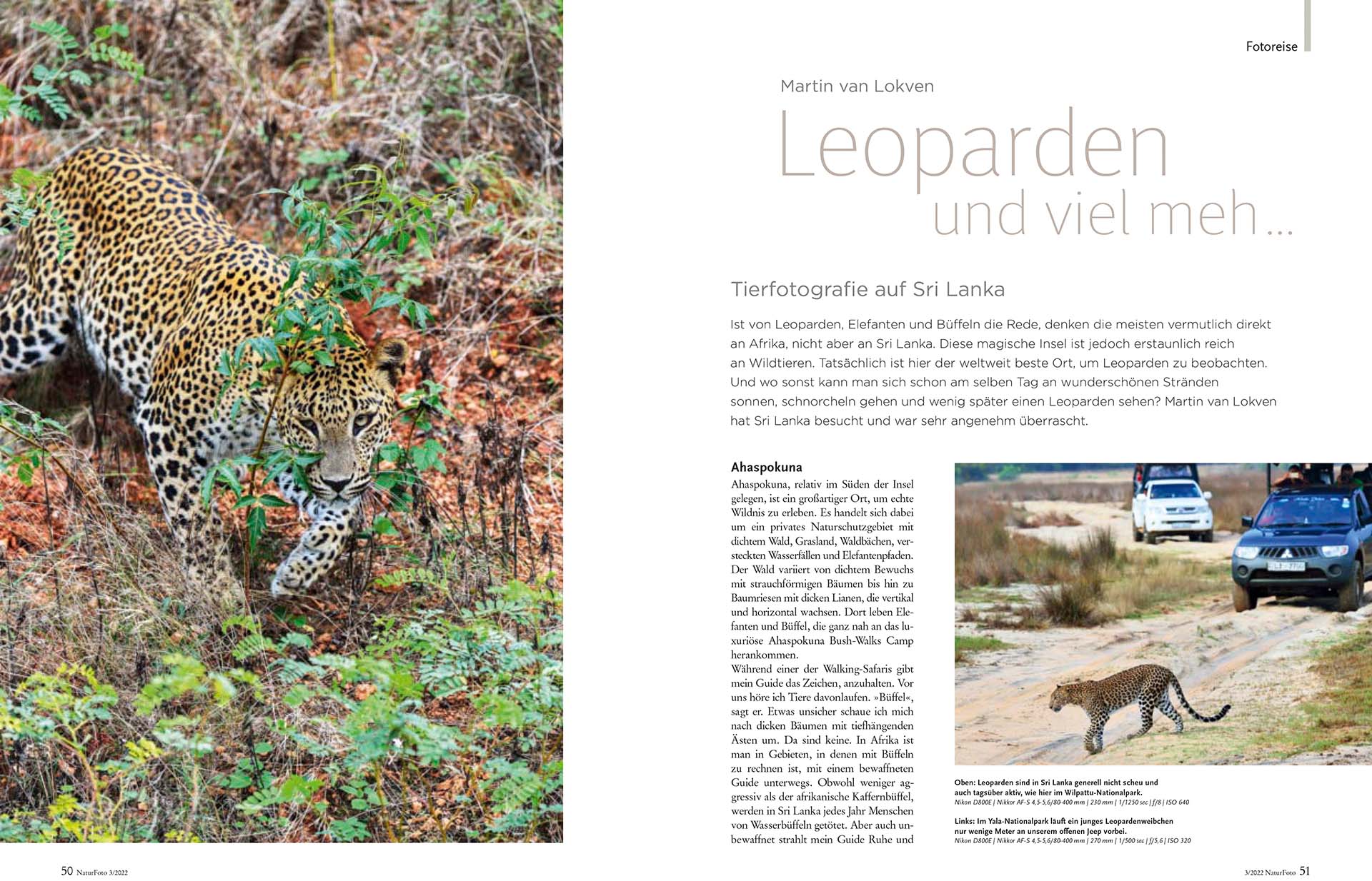 Acht pagina's artikel over de wildlife van Sri Lanka in het Duitse tijdschrift NaturFoto.