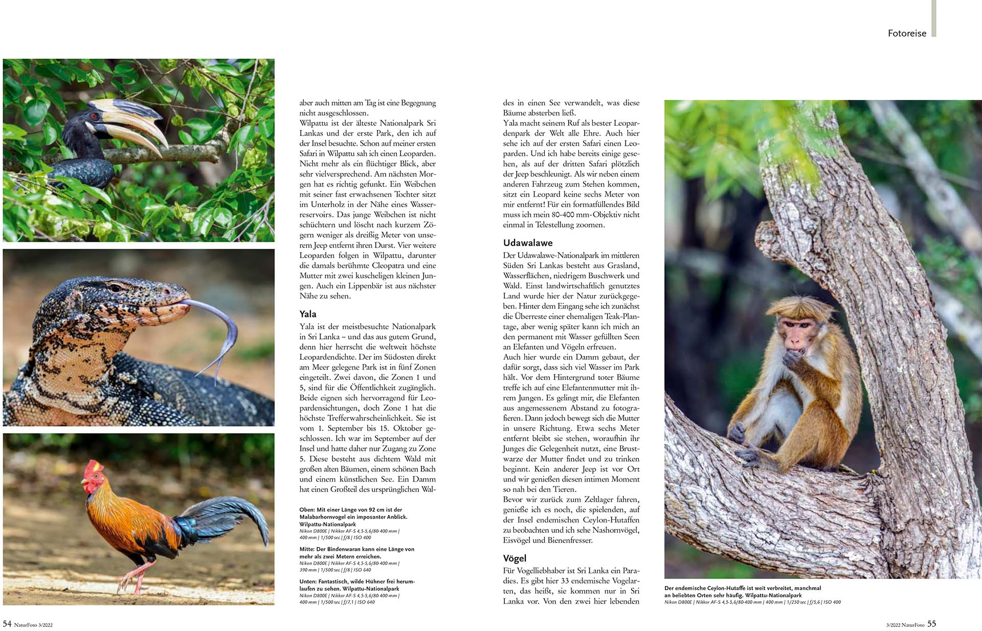 Acht pagina's artikel over de wildlife van Sri Lanka in het Duitse tijdschrift NaturFoto.