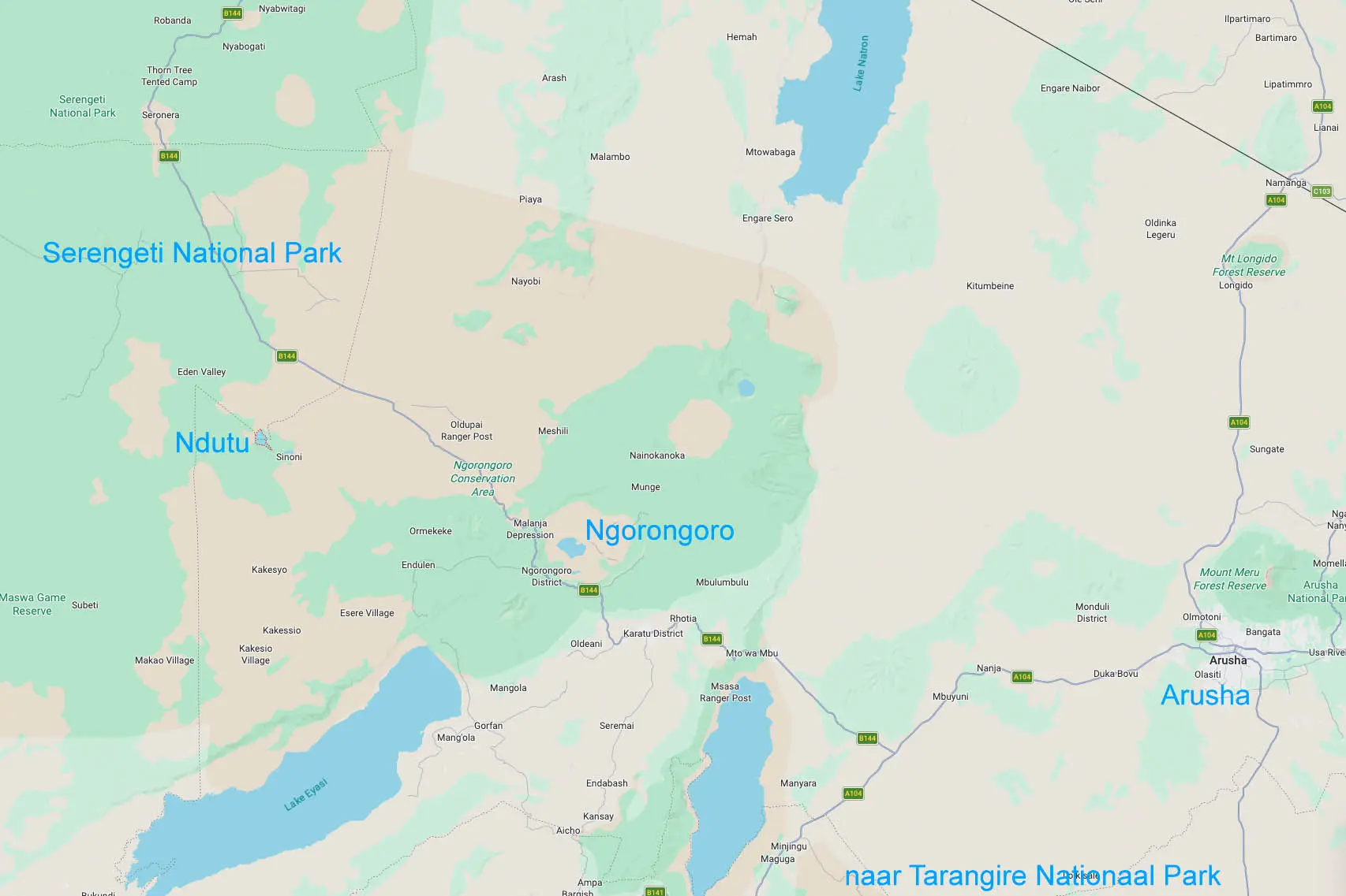 Kaart met Arusha, Ndutu, Ngorongoro en Tarangire Nationaal Park. Google maps.