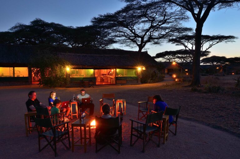 Tourists on their laptops around the campfire