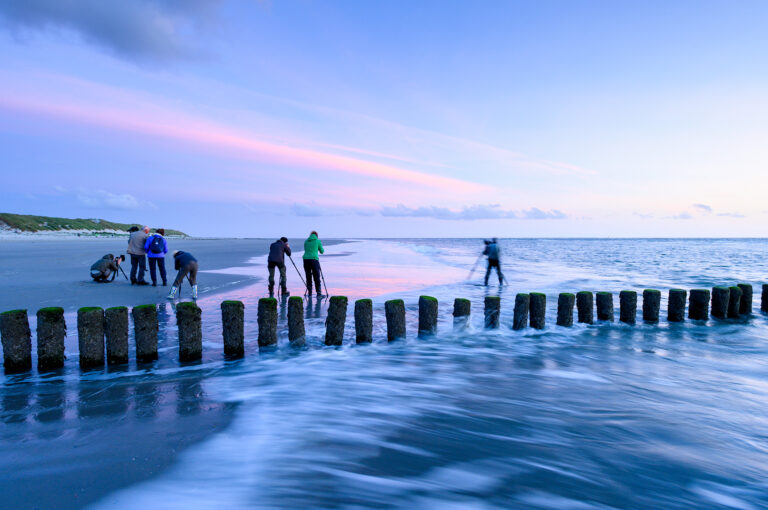 Photographers photographing near beachpoles at high tide