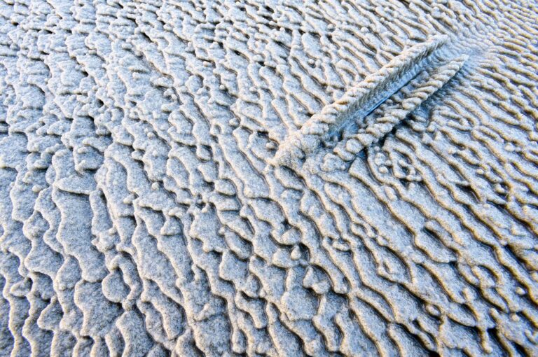 Muddy sand patterns on a beach engulfing also the shell of a razor calm