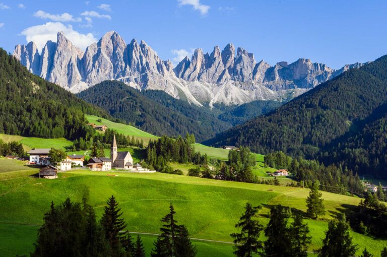 Typical Dolomite landscape with the church of Santa Maddalena.