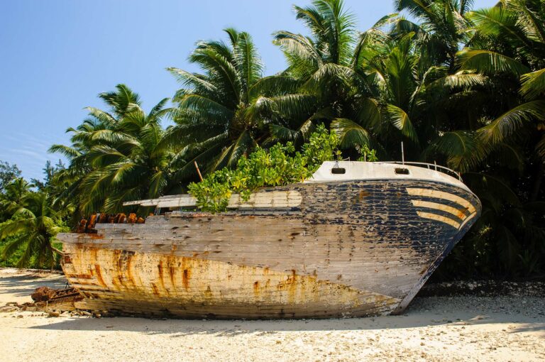 Scheepswrak op een tropisch strand met palmbomen