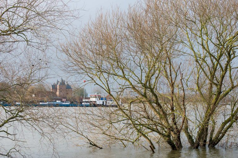 Slot Loevenstein en hoog water in de Waal