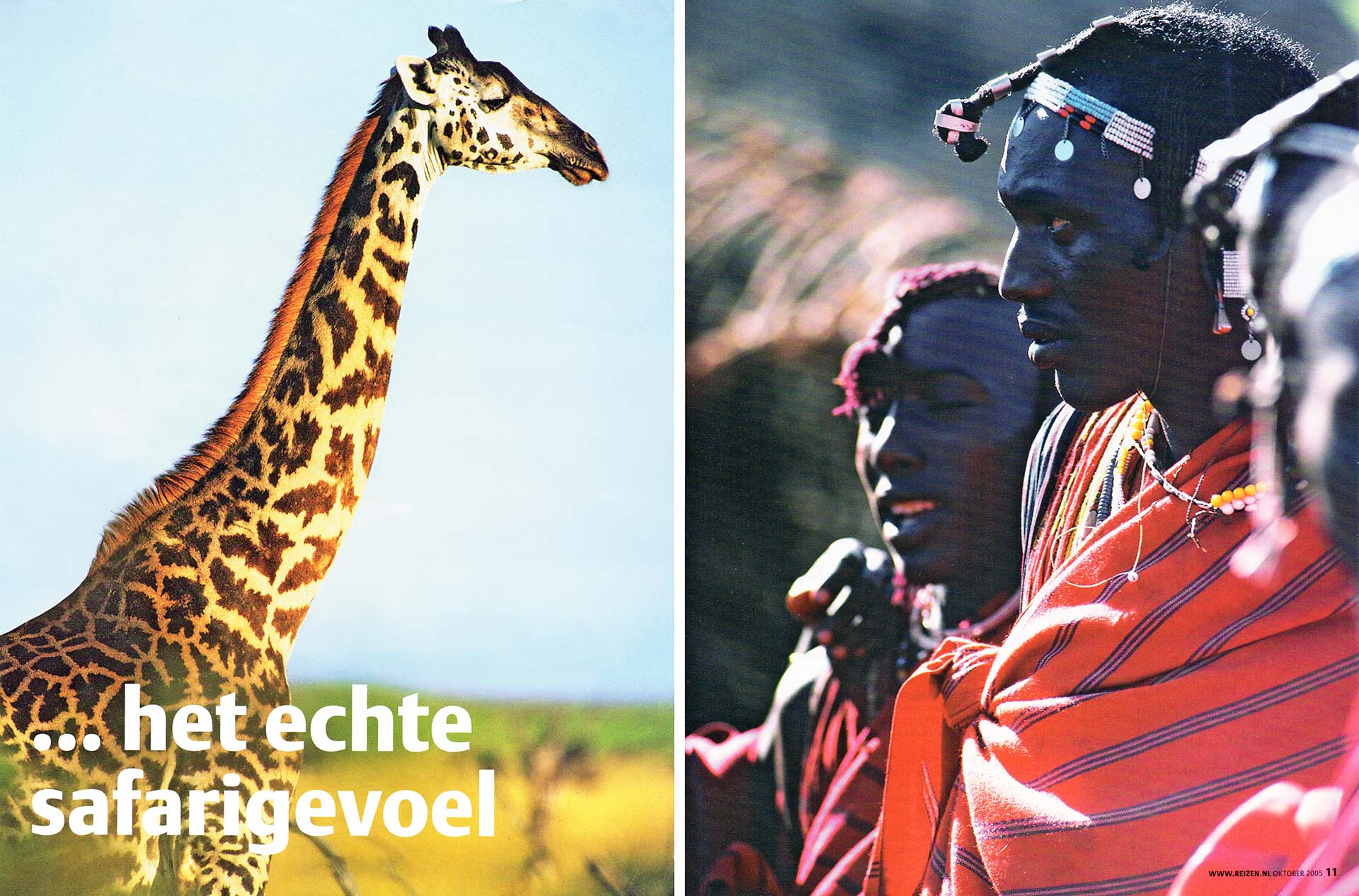 Publicatie over een safari in Tanzania, met foto's van giraffe en Masai.