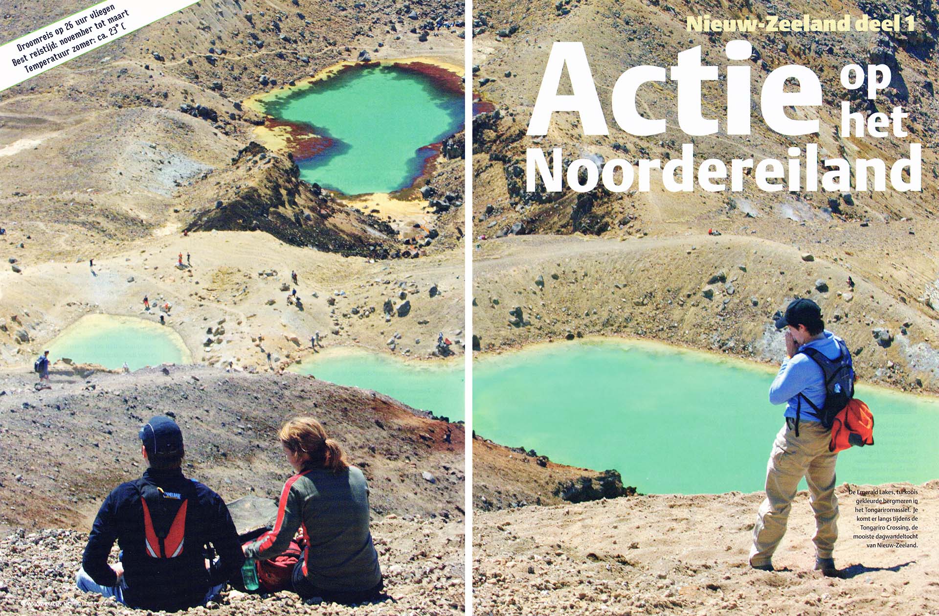 Openingsspread van de publicatie Nieuw-Zeeland Noordereiland in Reizen Magazine van september 2006, tekst Jacques van der Linden en fotografie Martin van Lokven. Met de Emerald Lakes in het Tongariromassief.