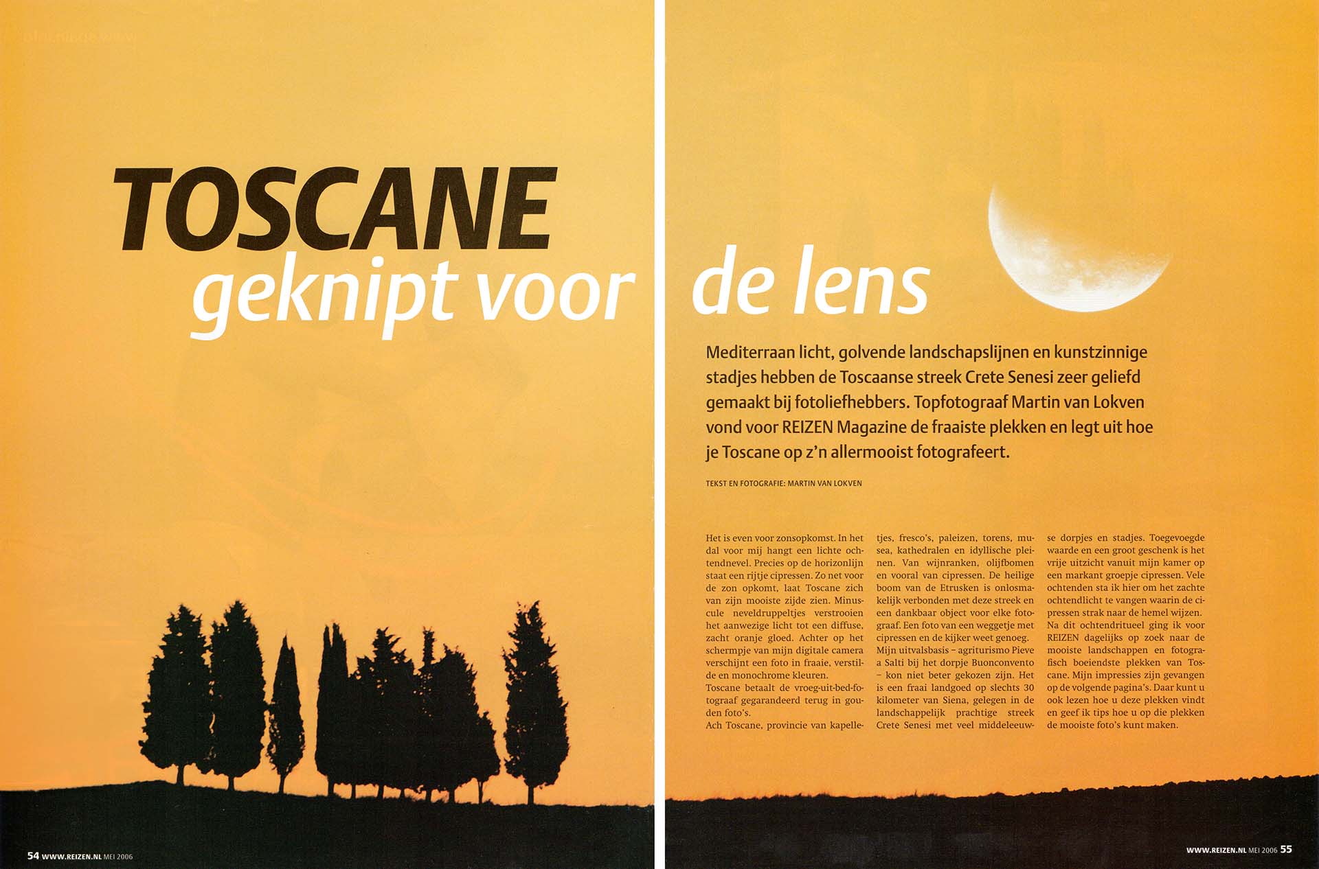 Openingsspread van Reizen magazine mei 2006 met cipressen in Toscane.