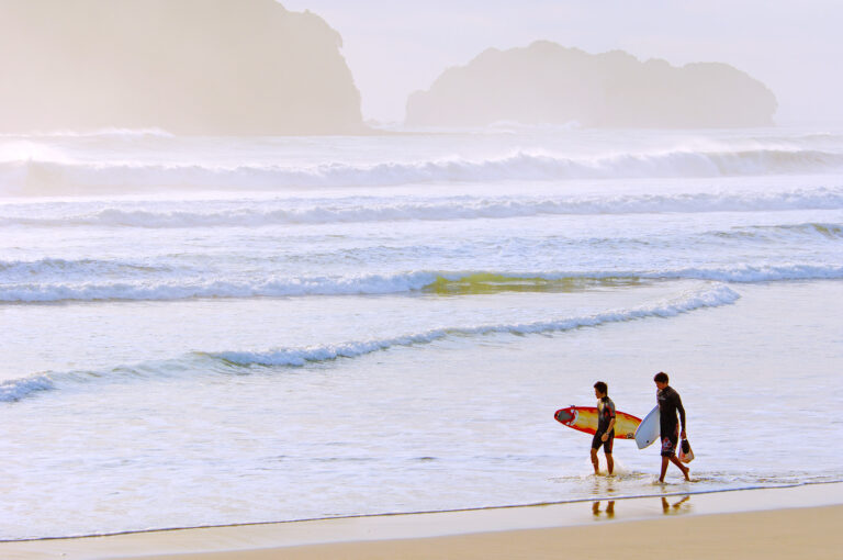 Surfers walking on a beach